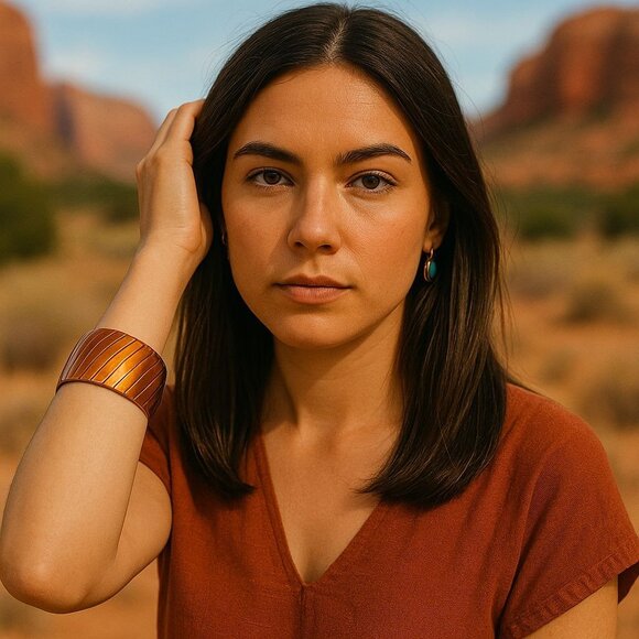 Navajo Copper Cuff Wide Bracelet by Denet Chee – Etched Diagonal Design - Picture 1 of 8